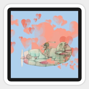 Old pilot with old airplane in the sky with hearts Sticker
